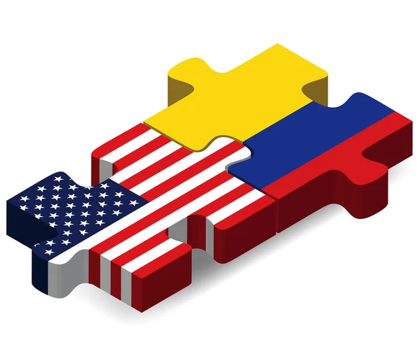 Banderas de Estados Unidos y Colombia en rompecabezas — Vector de stock