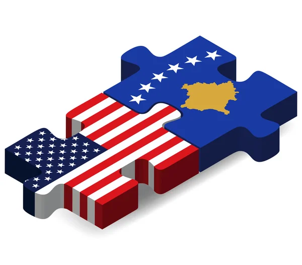 Banderas de Estados Unidos y Kosovo en rompecabezas — Vector de stock