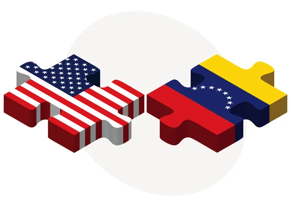 Banderas de Estados Unidos y Venezuela en rompecabezas — Vector de stock