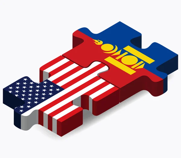 Bandeiras dos EUA e da Mongólia no quebra-cabeça — Vetor de Stock