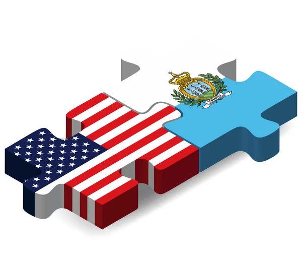 Banderas de Estados Unidos y San Marino en rompecabezas — Vector de stock