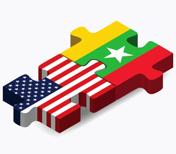 Banderas de EE.UU. y Myanmar en rompecabezas — Vector de stock