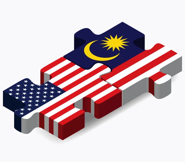 Bandeiras dos EUA e da Malásia no quebra-cabeça — Vetor de Stock