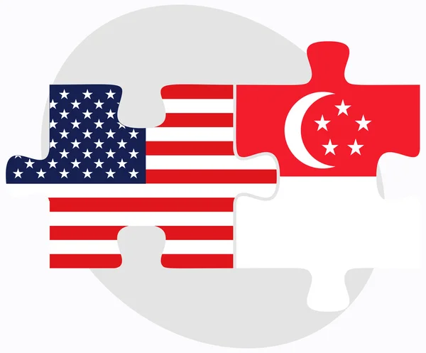 Banderas de Estados Unidos y Singapur en rompecabezas — Vector de stock