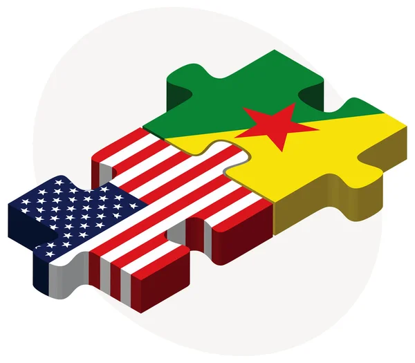 Banderas de Guyana Francesa y Estados Unidos en rompecabezas — Vector de stock