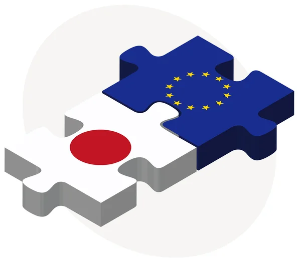 Banderas de Japón y de la Unión Europea en rompecabezas — Vector de stock