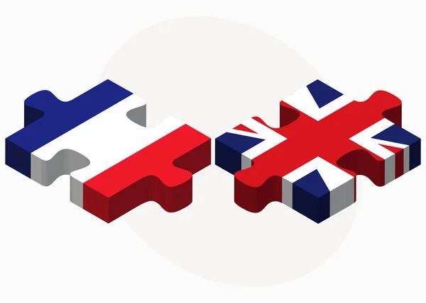 Francia e Regno Unito Bandiere in puzzle isolate sulla schiena bianca — Vettoriale Stock