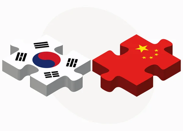 Zuid-Korea en China vlaggen in puzzel — Stockvector
