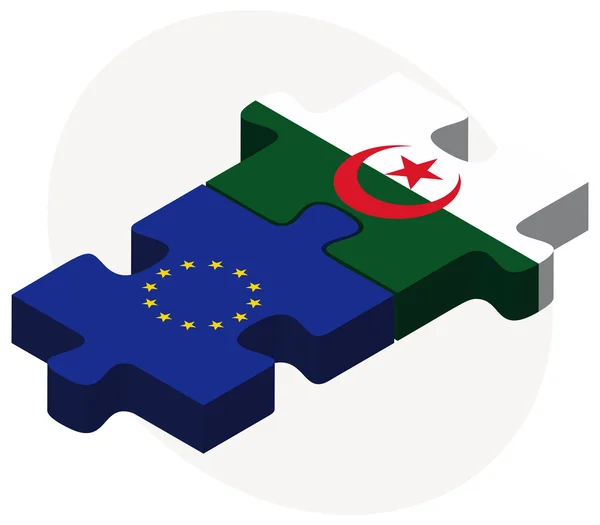 Unione europea e Algeria Bandiere in puzzle isolate su bianco ba — Vettoriale Stock