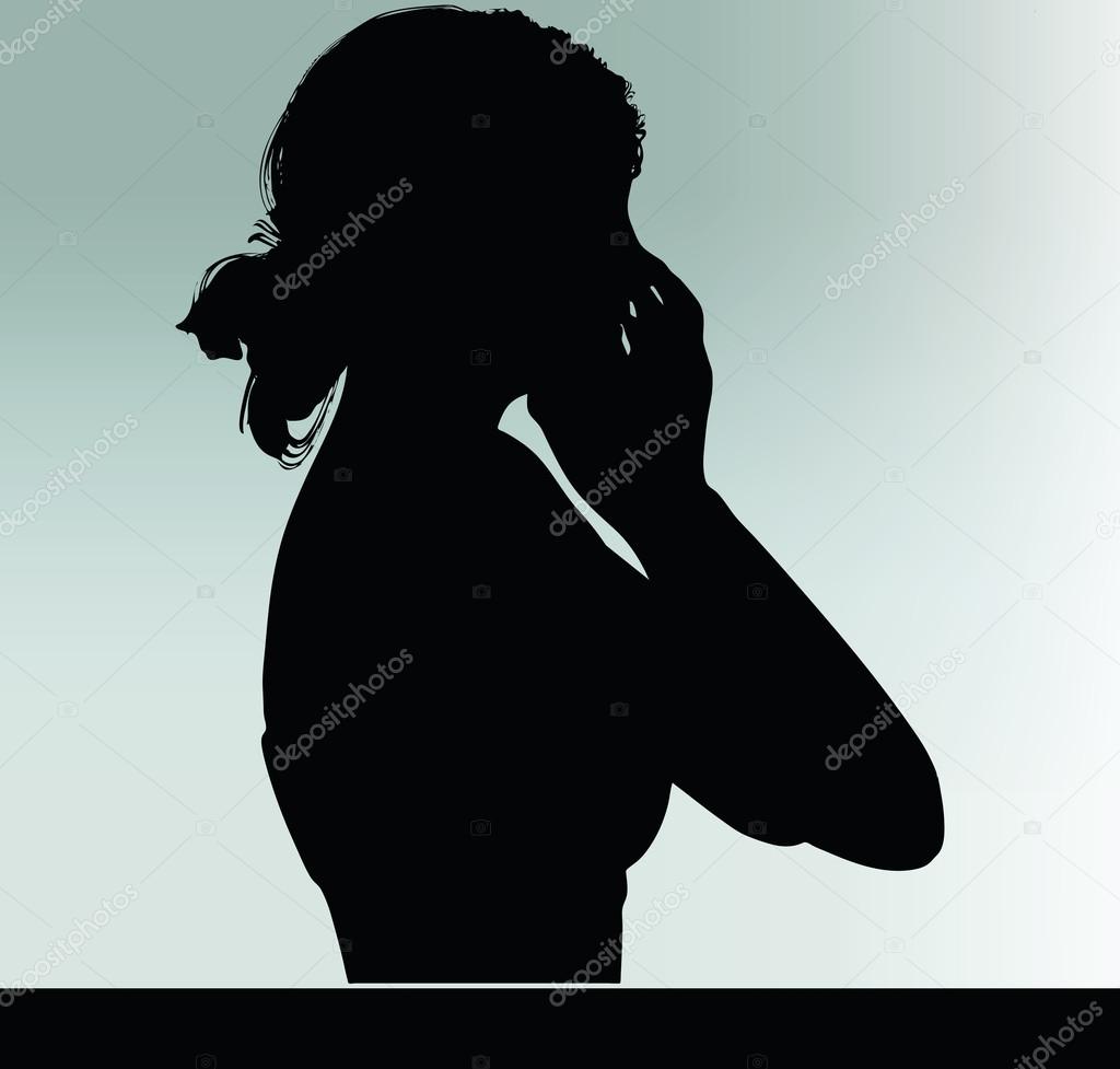 woman silhouette with hand gesture hands on the mouth