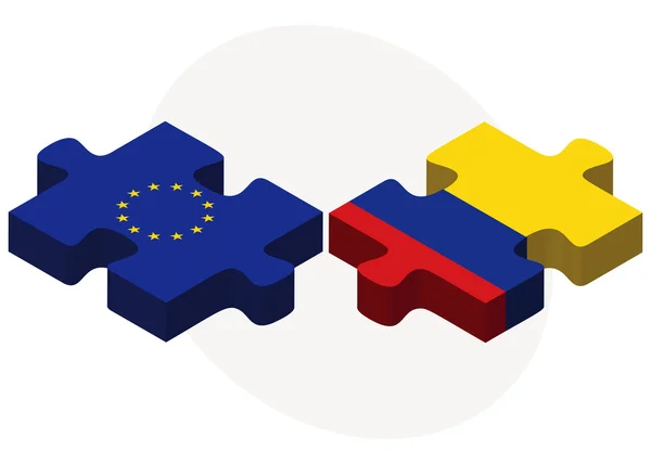 Banderas de la Unión Europea y Colombia en rompecabezas — Vector de stock