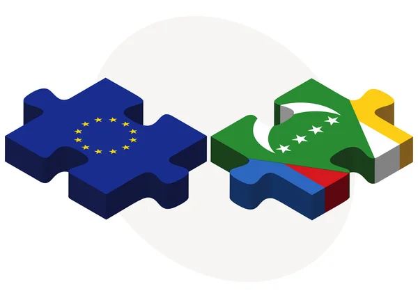 Unii Europejskiej i Komorów flag w puzzle — Wektor stockowy