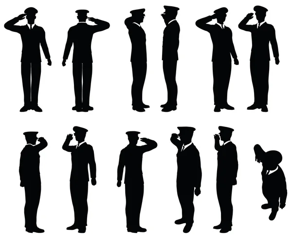 Army general silhouette with hand gesture saluting — Stock Vector