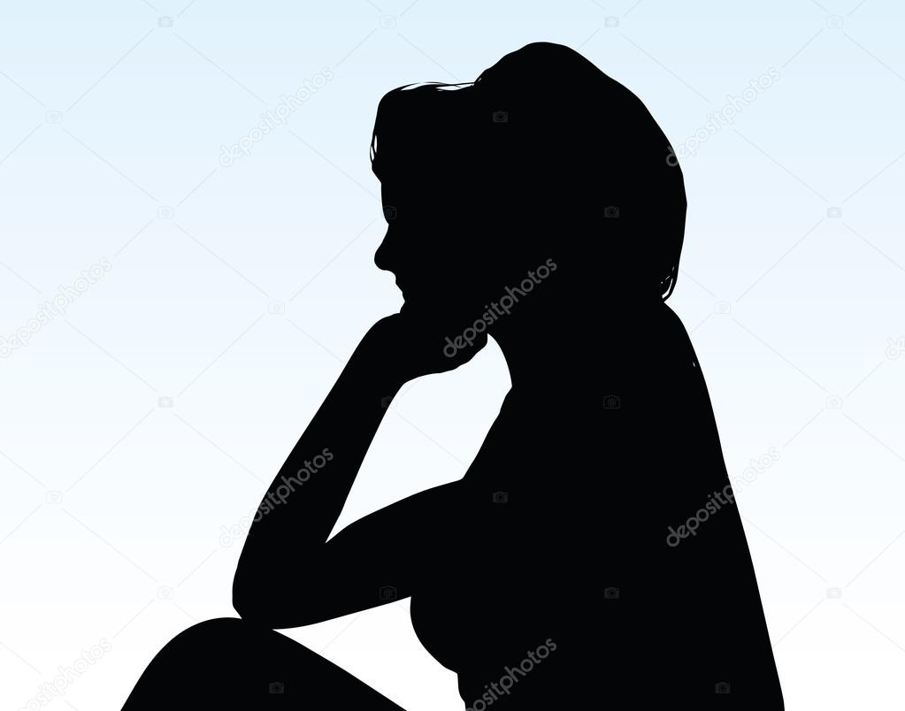 woman silhouette with hand gesture thinking