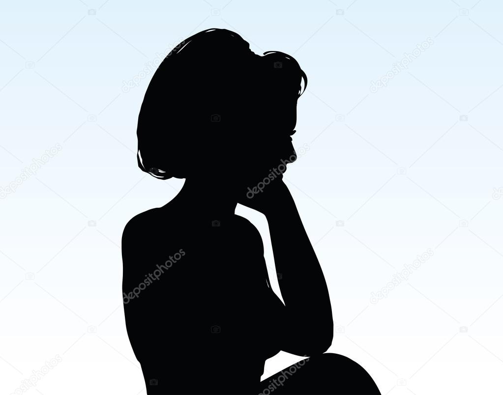 woman silhouette with hand gesture thinking