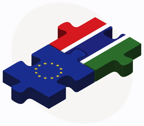 Europese Unie en Gambia vlaggen in puzzel geïsoleerd op witte achterzijde — Stockvector
