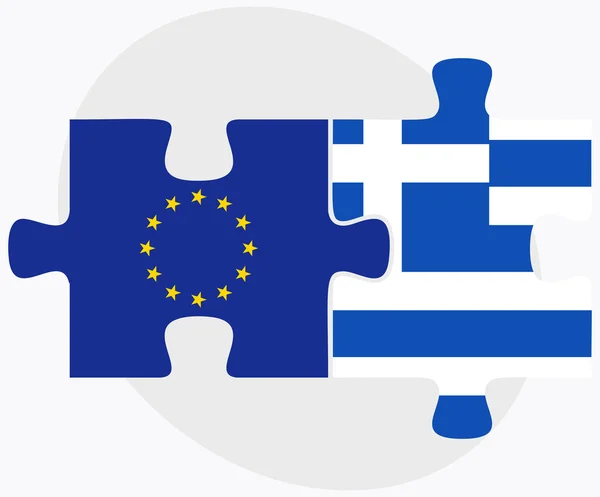 Europäische Union und griechische Flaggen in Puzzle isoliert auf weißem Rücken — Stockvektor
