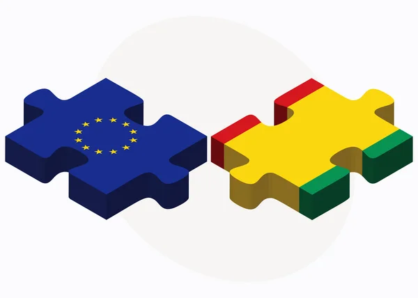 Banderas de la Unión Europea y Guinea en rompecabezas aisladas en la espalda blanca — Vector de stock