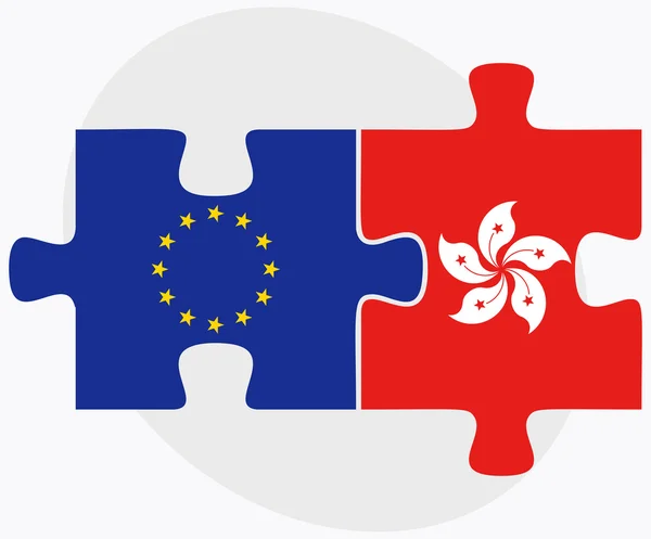 União Europeia e Hong Kong SAR China Bandeiras no quebra-cabeça — Vetor de Stock