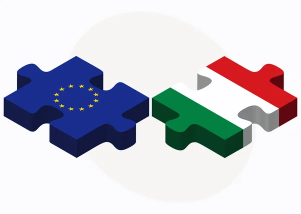 European Union and Hungary Flags in puzzle — Stock Vector