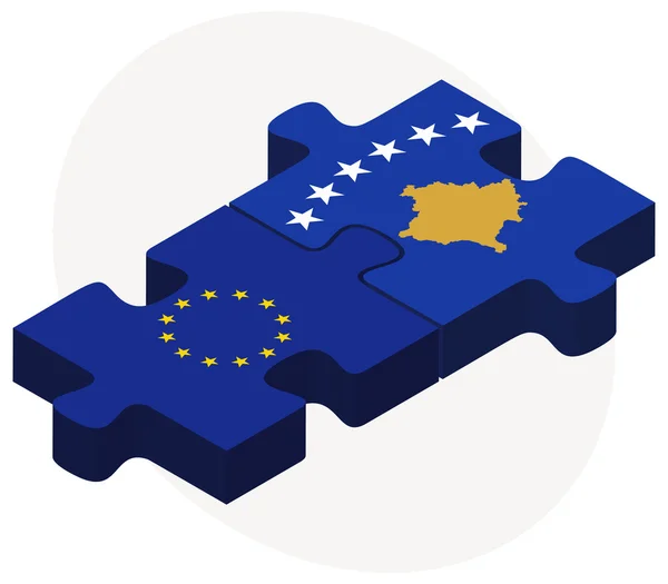 Bandeiras da União Europeia e do Kosovo no puzzle — Vetor de Stock