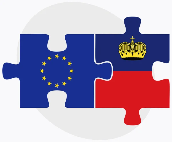 Europäische Union und Liechtenstein-Fahnen im Puzzle — Stockvektor