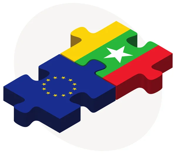 Europäische Union und Myanmar-Fahnen in Puzzle — Stockvektor