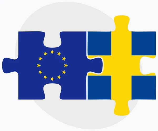 European Union and Sweden Flags in puzzle — Stock Vector