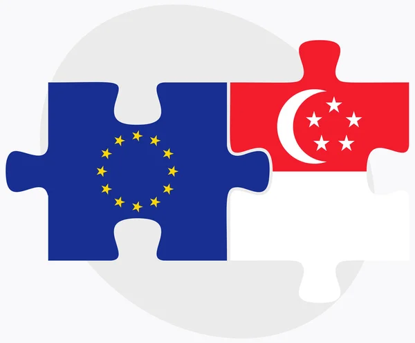 Evropská unie a Singapur vlajky v puzzle — Stockový vektor