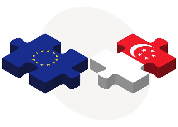 Evropská unie a Singapur vlajky v puzzle — Stockový vektor