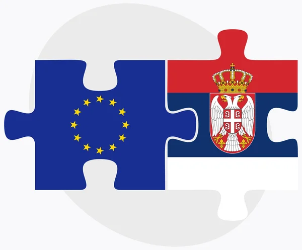 Banderas de la Unión Europea y Serbia en rompecabezas — Archivo Imágenes Vectoriales