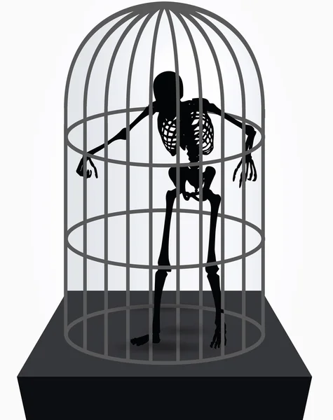 Skeleton silhouette in standing in cage — Stock Vector