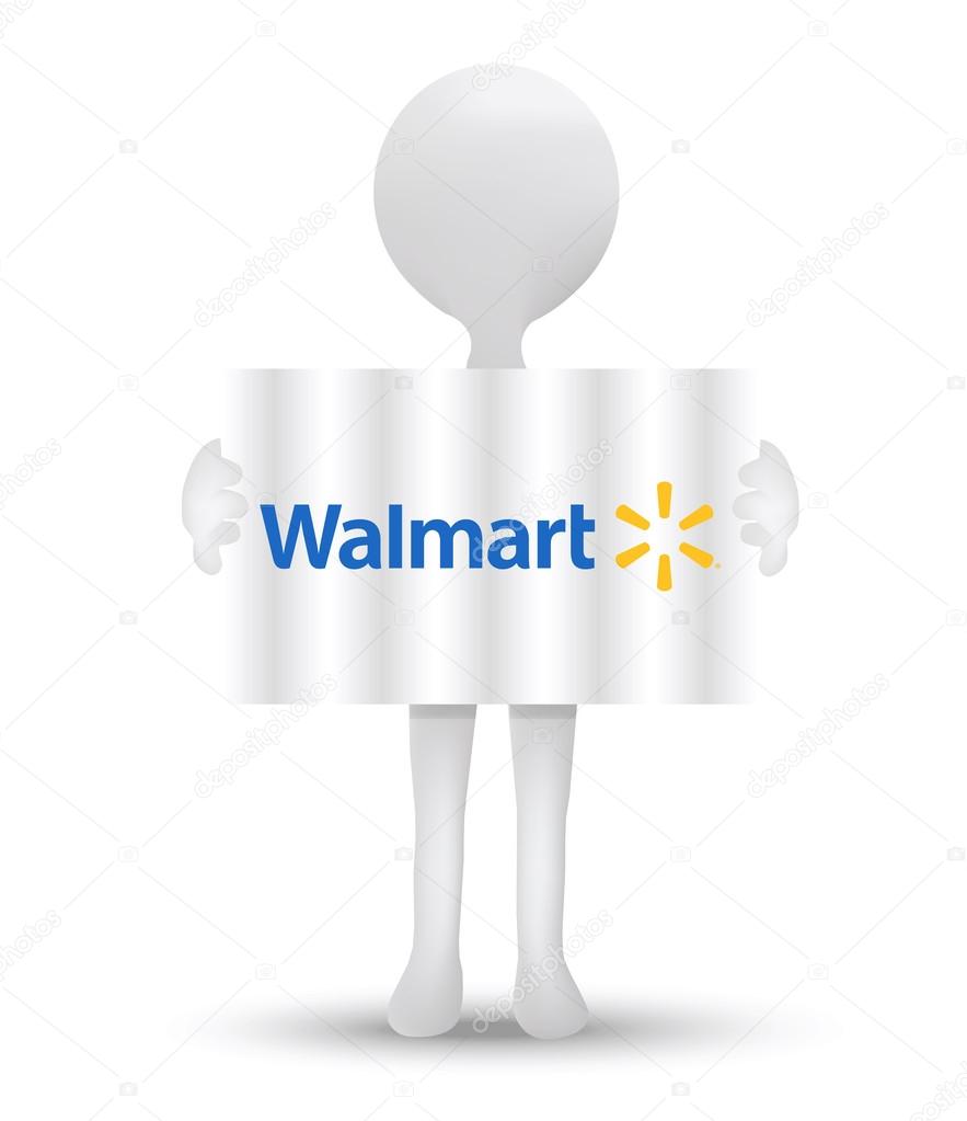 ISTANBUL, TURKEY - AUGUST 02, 2015: Editorial vector image. The Walmart logotype in flag form and placed on waving background held by a 3d man. Wal-Mart Stores, Inc. is an American multinational retail corporation that operates a chain of discount de