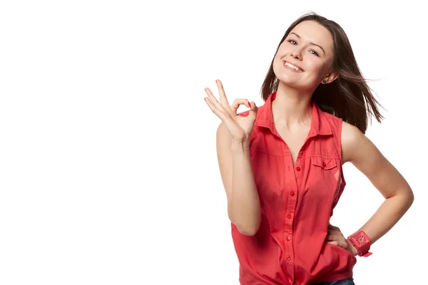 Happy smiling beautiful young woman showing okay gesture, isolated over white — Stock Photo, Image