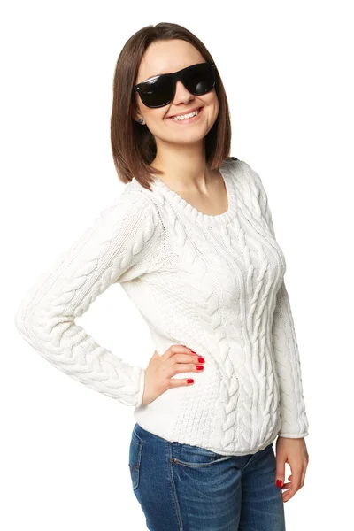 Beautiful  young woman in white sweater with sunglasses. Isolated on white — Stock Photo, Image