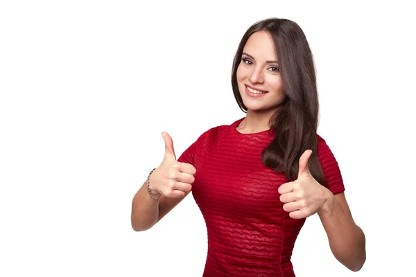 Pretty girl gives thumb up with two hands, isolated on white — Stock Photo, Image