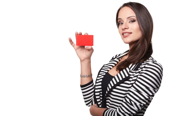 Close-up portrait of young smiling business woman holding credit card isolated on white background — Stock Photo, Image