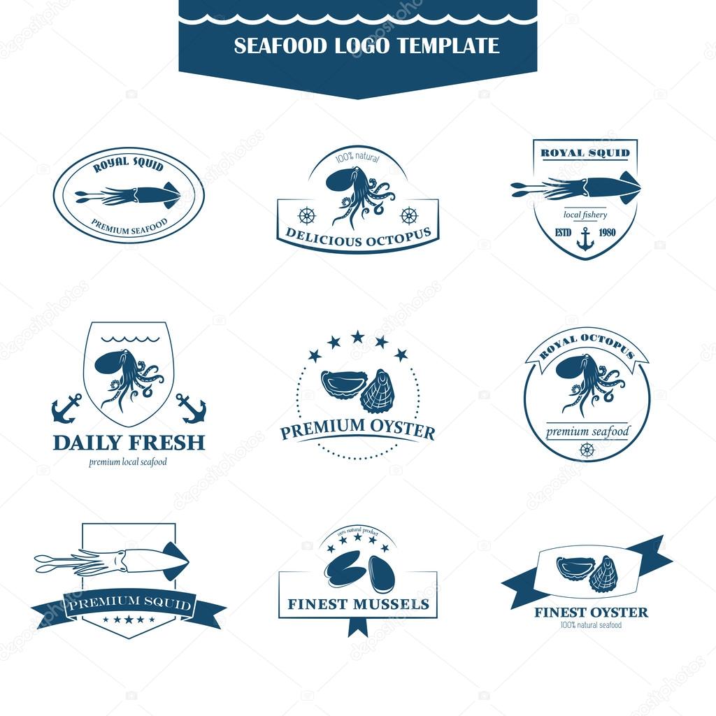 Perfect set of seafood logos. Seafood badges, labels and design elements. Can be used for restaurants, menu design, internet pages design, in the fishing industry, commercial