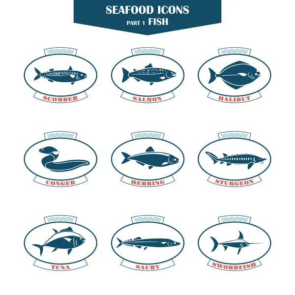Seafood icons. Fish icons — Stock Vector