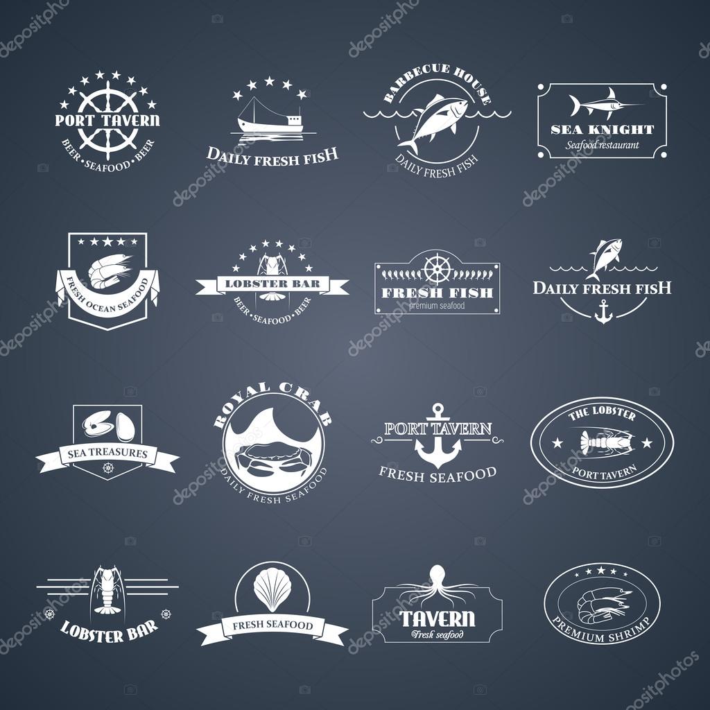 Perfect set of seafood logos. Seafood badges, labels and design elements. Can be used for restaurants, menu design, internet pages design, in the fishing industry, commercial