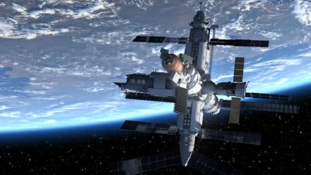 Raumstation und Raumfähre kreisen um die Erde — Stockvideo