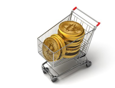 Alışveriş sepeti içinde satın alınan Bitcoins kavramı