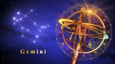Armillary Küre ve mavi arka plan üzerinde Gemini takımyıldızı
