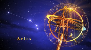 Armillary Küre ve Constellation Koç mavi arka plan üzerinde