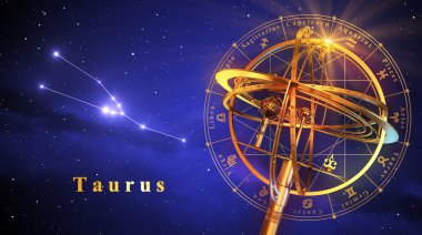 Armillary Küre ve takımyıldızı Toros mavi arka plan üzerinde