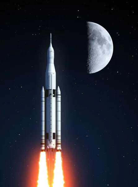 Космическая система запуска и Луна. Элементы этого изображения предоставлены НАСА . — стоковое фото