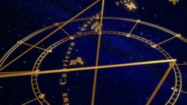 Armillary Küre ve zodyak işaretleri. Mavi arka plan