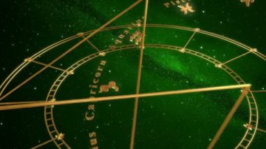 Armillary Küre ve zodyak işaretleri. Yeşil arka plan