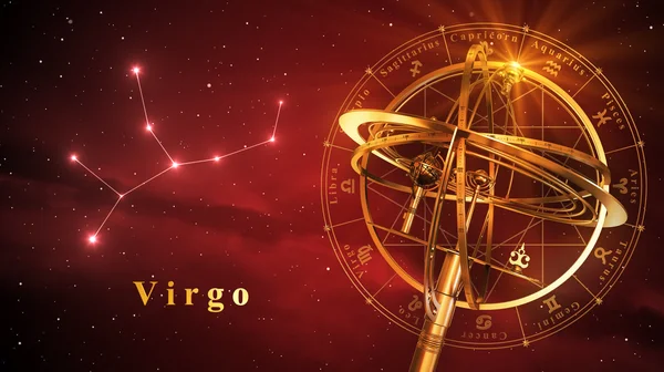 Esfera armilar y constelación Virgo sobre fondo rojo —  Fotos de Stock