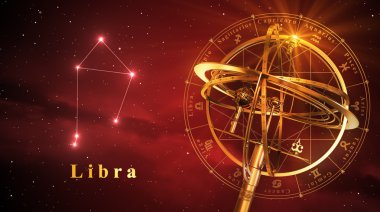 Armillary Küre ve kırmızı bir arka plan üzerinde takımyıldızı Terazi